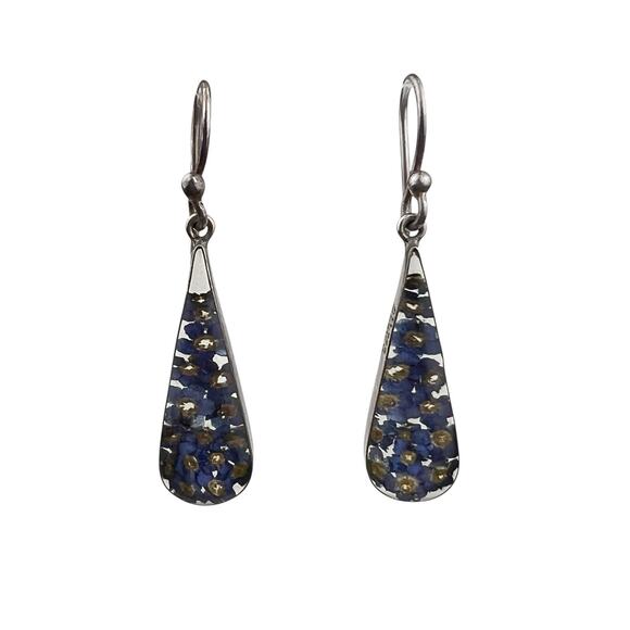 ATI Sterling Silver Pierced Hook Earrings Resin Blue Flowers - Picture 1 of 11